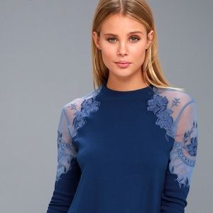 Free People Daniella Blue Embroidered Sweater Top